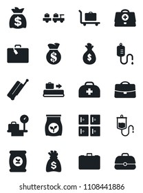 Set of vector isolated black icon - suitcase vector, baggage conveyor, trolley, larry, luggage scales, checkroom, case, money bag, fertilizer, doctor, dropper