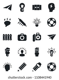 Set of vector isolated black icon - automatic door vector, brainstorm, bulb, camera, pencil, fence, rolling pin, energy saving, shining head, idea, paper plane, crisis management
