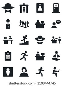 Set of vector isolated black icon - passport control vector, security gate, male, medical room, team, manager place, run, support, client, speaker, identity card, desk, career ladder, waiter