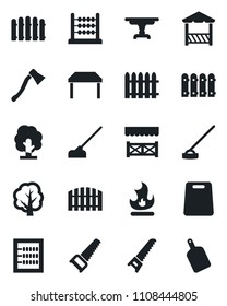 Set of vector isolated black icon - fence vector, tree, saw, fire, hoe, axe, abacus, table, alcove, cutting board
