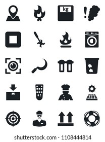 Set of vector isolated black icon - trash bin vector, fire, sickle, ripper, scales, doctor, pin, up side sign, package, remote control, stop button, target, sun panel, washer, cook, water filter