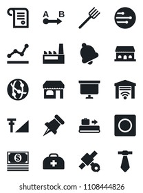 Set of vector isolated black icon - baggage conveyor vector, shop, presentation board, farm fork, doctor case, satellite, route, network, paper pin, bell, record, cellular signal, point graph, cash