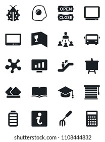 Set of vector isolated black icon - airport bus vector, escalator, book, graduate, presentation board, statistic monitor, garden fork, lady bug, tv, share, battery, hierarchy, wine card, open close