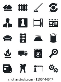 Set of vector isolated black icon - barrier vector, female, waiting area, washer, fire, hoe, heart diagnostic, caries, medical calendar, client, car delivery, oil barrel, film frame, news, update
