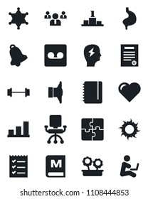 Set of vector isolated black icon - team vector, notepad, brainstorm, sun, heart, barbell, stomach, speaker, bell, record, application, bar graph, checklist, contract, flower in pot, menu, police