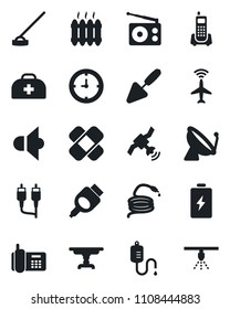 Set of vector isolated black icon - plane radar vector, satellite antenna, trowel, hose, hoe, doctor case, dropper, patch, office phone, clock, radio, speaker, rca, hdmi, table, heater, battery