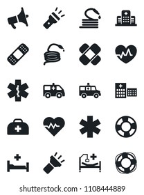 Set of vector isolated black icon - hose vector, heart pulse, doctor case, patch, ambulance star, car, hospital bed, loudspeaker, torch, crisis management