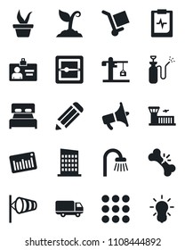 Set of vector isolated black icon - wind vector, airport building, identity card, pencil, seedling, sproute, garden sprayer, broken bone, pulse clipboard, car delivery, cargo, barcode, loudspeaker