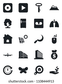 Set of vector isolated black icon - plane vector, office building, mouse, tree, butterfly, house, sickle, lungs, play button, rec, record, sun panel, mountains, estate search, fridge, money bag, tie