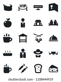 Set of vector isolated black icon - hot cup vector, coffee, waiter, dish, wine card, reserved, salt and pepper, bread, cafe building, table, vip zone, dress code, alcove, chicken, kebab, sushi