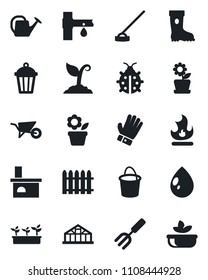 Set of vector isolated black icon - flower in pot vector, garden fork, fence, watering can, wheelbarrow, bucket, sproute, glove, boot, lady bug, fire, seedling, water drop, hoe, light, fireplace