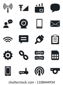 Set of vector isolated black icon - antenna vector, mobile phone, gear, mail, speaker, chain, hdmi, message, sim, wireless, cellular signal, clipboard, open close, router, web camera