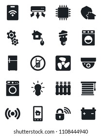 Set of vector isolated black icon - no mobile vector, home control, chip, fan, wireless lock, air conditioner, app, gear, washer, radiator, bulb, energy saving, jalousie, protect, fridge, pass card