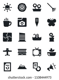 Set of vector isolated black icon - tv vector, document reload, stamp, rake, butterfly, plant label, railroad, photo gallery, application, pool, mountains, flower in pot, city house, coffee, salad