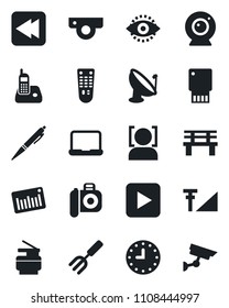 Set of vector isolated black icon - garden fork vector, bench, clock, barcode, satellite antenna, camera, remote control, radio phone, play button, rewind, face id, eye, cellular signal, notebook pc