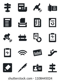 Set of vector isolated black icon - escalator vector, signpost, identity card, document, reload, pulse clipboard, office phone, barcode, satellite, sim, notes, wireless, news, paper tray, pen