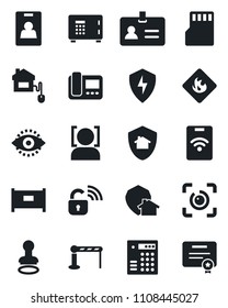 Set of vector isolated black icon - fence vector, barrier, identity, stamp, safe, flammable, protect, sd, face id, eye, card, home control, wireless lock, intercome, combination, pass, certificate