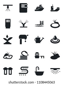 Set of vector isolated black icon - watering can vector, hose, pond, drip irrigation, sea shipping, port, pool, water supply, bathroom, drink, heater, filter, sprinkler