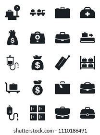 Set of vector isolated black icon - suitcase vector, baggage conveyor, trolley, larry, luggage storage, scales, checkroom, case, money bag, doctor, dropper