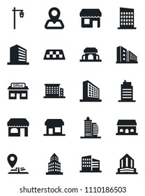 Set of vector isolated black icon - taxi vector, shop, office building, garden light, navigation, store, city house, cafe, storefront