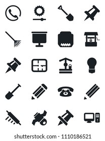 Set of vector isolated black icon - drawing pin vector, bulb, job, pencil, shovel, rake, well, satellite, hdmi, brightness, presentation board, plan, phone, rolling, pc