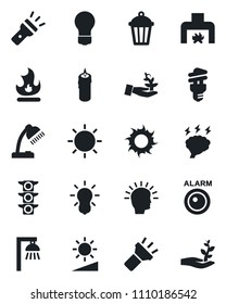 Set of vector isolated black icon - brainstorm vector, bulb, fire, sun, garden light, traffic, torch, brightness, desk lamp, fireplace, candle, energy saving, outdoor, alarm led, palm sproute