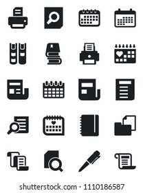 Set of vector isolated black icon - contract vector, document search, pen, notepad, calendar, printer, medical, folder, news, book