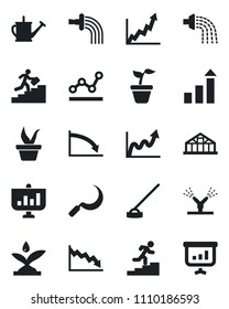 Set of vector isolated black icon - growth statistic vector, seedling, watering can, hoe, sickle, greenhouse, point graph, career ladder, irrigation, crisis, presentation