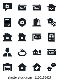 Set of vector isolated black icon - office building vector, house, pond, contract, with tree, garage, sale, rent, sold signboard, estate agent, smart home, insurance, eco, message