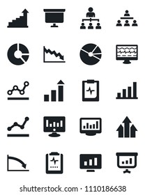 Set of vector isolated black icon - growth statistic vector, hierarchy, presentation board, monitor, circle chart, pulse, clipboard, statistics, bar graph, pie, point, arrow up, crisis