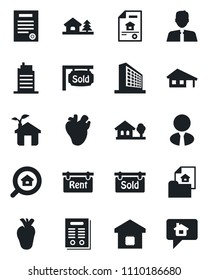 Set of vector isolated black icon - office building vector, real heart, contract, house with garage, tree, estate document, rent, sold signboard, search, agent, smart home, city, eco, message