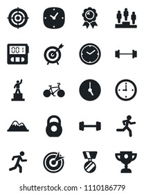 Set of vector isolated black icon - pedestal vector, medal, barbell, bike, run, heavy, clock, stopwatch, target, mountains, award cup