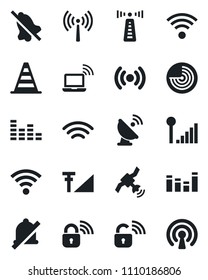 Set of vector isolated black icon - antenna vector, wireless notebook, border cone, radar, satellite, equalizer, mute, cellular signal, lock