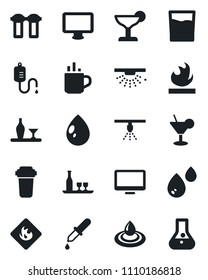 Set of vector isolated black icon - hot cup vector, water drop, dropper, flammable, monitor, alcohol, drink, cocktail, filter, sprinkler, flask