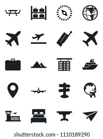 Set of vector isolated black icon - plane vector, suitcase, departure, flight table, luggage storage, globe, airport building, case, picnic, signpost, pin, sea shipping, compass, mountains, bedroom