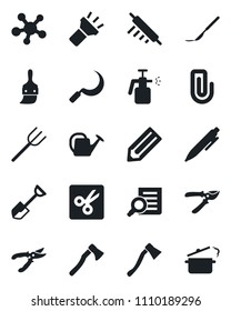 Set of vector isolated black icon - document search vector, pen, pencil, shovel, farm fork, watering can, pruner, sickle, axe, garden sprayer, scalpel, share, themes, torch, cut, paper clip