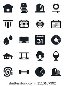 Set of vector isolated black icon - office building vector, book, pennant, circle chart, tree, barbell, film frame, calendar, brightness, eye id, pie graph, house with garage, smart home, egg stand