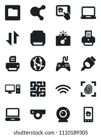 Set of vector isolated black icon - bomb in case vector, printer, gamepad, network, laptop pc, share, hdmi, folder, data exchange, wireless, chip, fingerprint, web camera, home control app