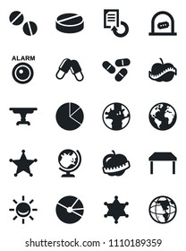 Set of vector isolated black icon - ticket office vector, globe, document reload, pills, diet, earth, pie graph, table, police, alarm led
