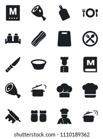 Set of vector isolated black icon - cook vector, cafe, hat, menu, bacon, salt and pepper, ham, bowl, rolling pin, cutting board, knife, steaming pan