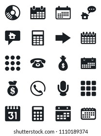 Set of vector isolated black icon - right arrow vector, calendar, circle chart, microphone, menu, calculator, phone, home message, money bag