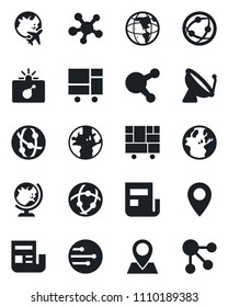 Set of vector isolated black icon - satellite antenna vector, bomb in case, globe, plane, earth, pin, consolidated cargo, network, share, news, social media