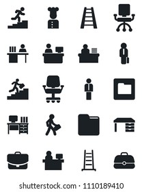 Set of vector isolated black icon - manager vector, desk, place, ladder, folder, career, cook, office chair, case