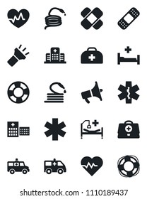 Set of vector isolated black icon - hose vector, heart pulse, doctor case, patch, ambulance star, car, hospital bed, loudspeaker, torch, crisis management
