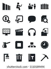 Set of vector isolated black icon - passport control vector, trash bin, fence, monitor pulse, clock, sorting, clapboard, headphones, stop button, message, cut, document search, estate, wine card