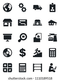 Set of vector isolated black icon - shop vector, identity card, dollar sign, calculator, presentation board, factory, circle chart, earth, car delivery, search cargo, rack, career ladder, gear
