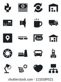 Set of vector isolated black icon - airport bus vector, credit card, fire, office phone, car delivery, warehouse, speaker, heart, mobile camera, place tag, update, coffee, desk lamp, sun panel, cash
