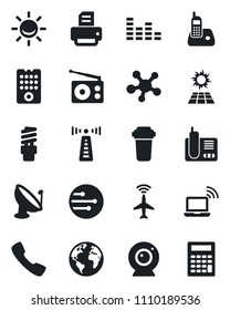 Set of vector isolated black icon - plane radar vector, antenna, wireless notebook, printer, earth, satellite, radio, equalizer, phone, share, call, network, remote control, web camera, water filter