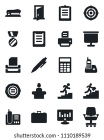 Set of vector isolated black icon - reception vector, case, medal, pen, statistic monitor, stamp, printer, clipboard, radio phone, presentation board, calculator, target, paper tray, career ladder