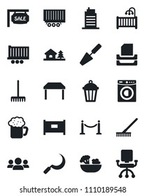 Set of vector isolated black icon - fence vector, trowel, rake, sickle, garden light, truck trailer, paper tray, house with tree, sale, children room, table, washer, city, beer, salad, group